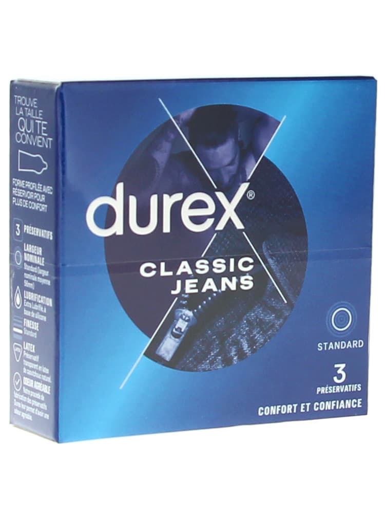 Durex Classic Jeans Confort et Confiance 3 Préservatifs Lubrifiés